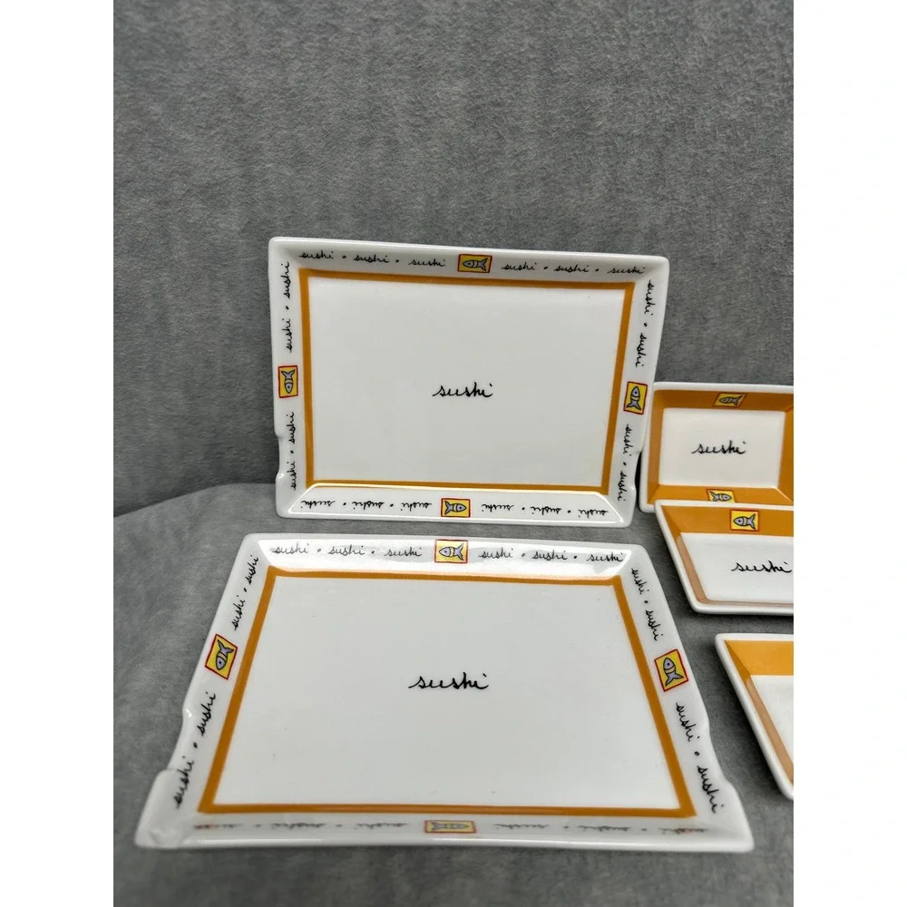VTG‎ Joie De Vivre Sushi Serving Set 5pc White Yellow Fish Pattern Plates